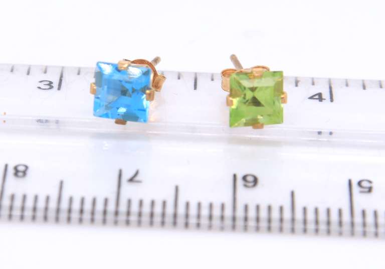 2 Pairs of Blue Topaz and Peridot 14kt Yellow Gold Stud Earrings