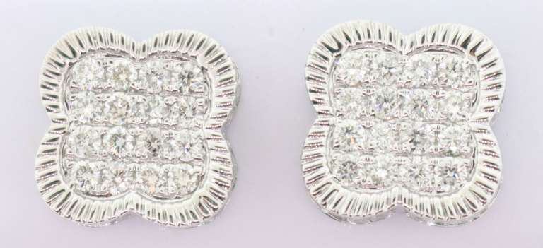 Bright 14k White Gold Clover Diamond Earrings