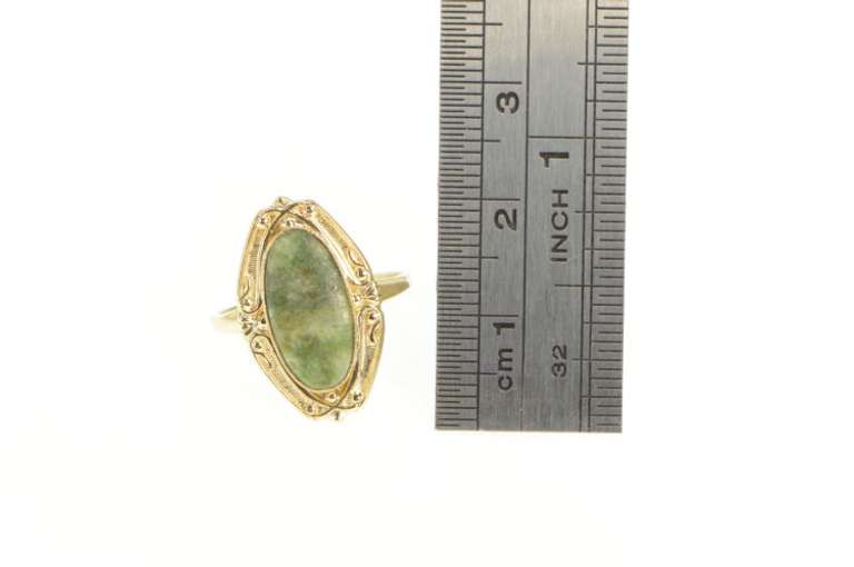 10K Yellow Gold Retro Vintage Nephrite Oval Ornate Statement Ring