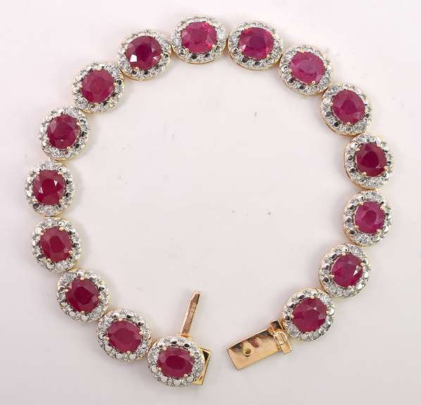 Stunning 8.55CTW Oval Cut Ruby Bracelet & 1.21CTW Diamond in Gold Plated Sterling Silver
