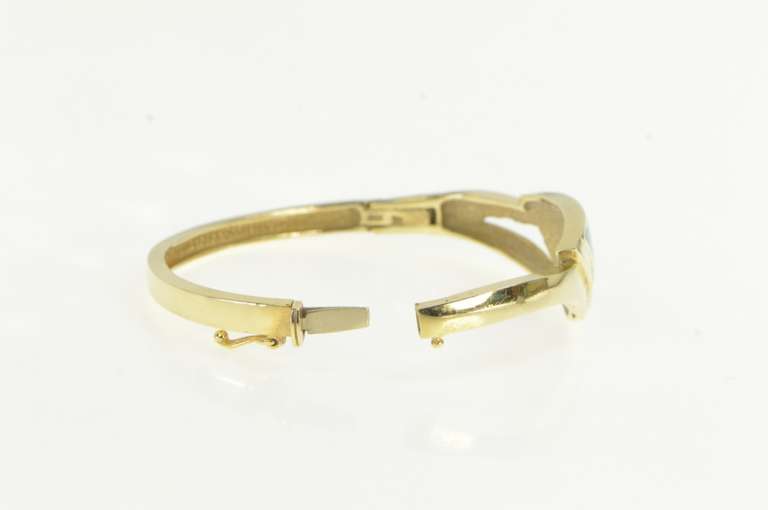 14K Yellow Gold Black Opal Inlay Triangle Bangle Statement Bracelet