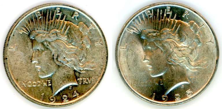 2 Different Peace Silver Dollars: 1924 & 1925