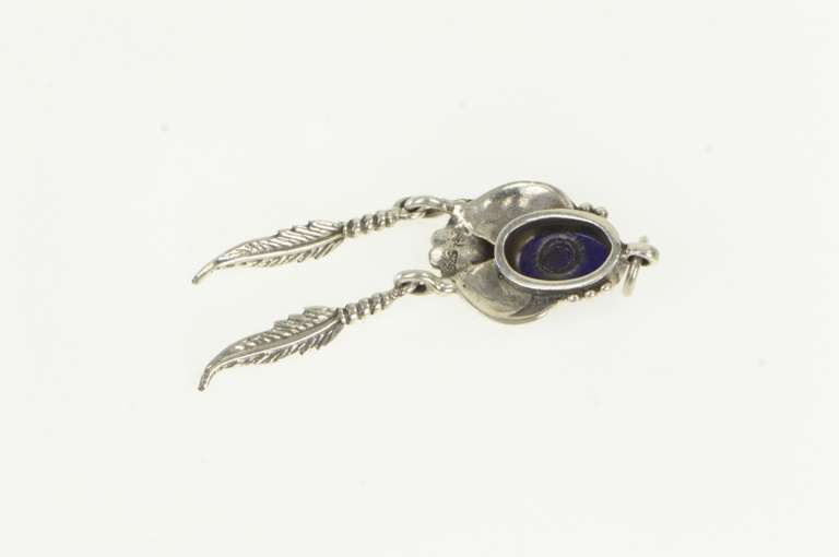 Sterling Silver Oval Blue Glass Southwestern Feather Flower Pendant