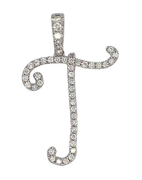 14KT WHITE GOLD "T" INITIAL CHARM WITH 1.0 CTW OF DIAMONDS