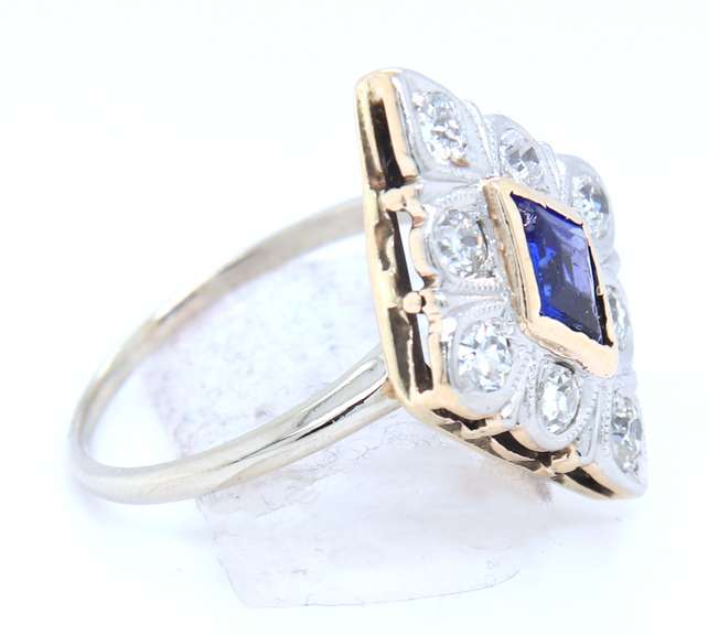 Antique White Gold Synthetic Blue Sapphire and Euro Cut Diamond Ring