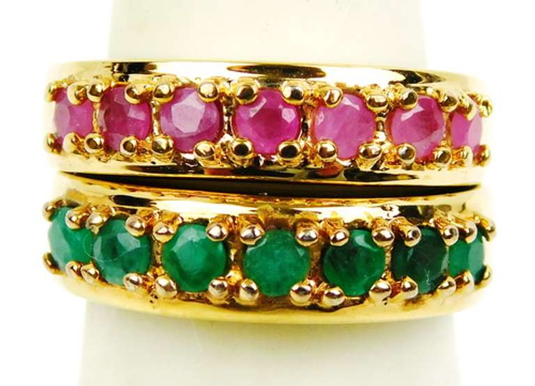 2 Sterling Vermeil Emerald & Ruby Stacking Rings, Size 6
