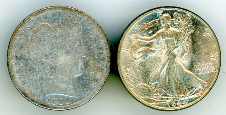 2 Different Silver Half Dolars: 1894 Barber and 1944 Walking Liberty