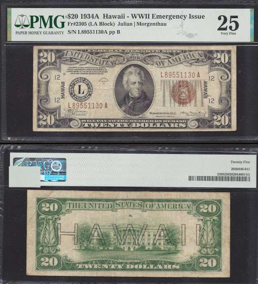 $20 1934-A Hawaii Fr. 2305 WWII Emergency Issue PMG Very Fine 25
