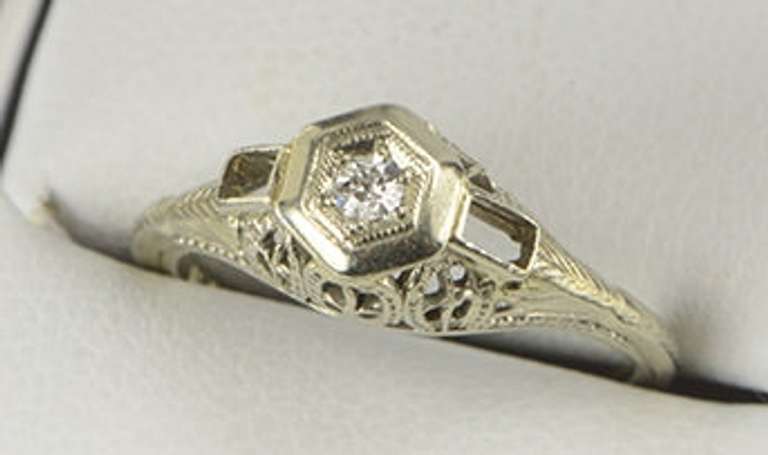 18K White Gold Art Deco Diamond Filigree Baguette Engagement Ring