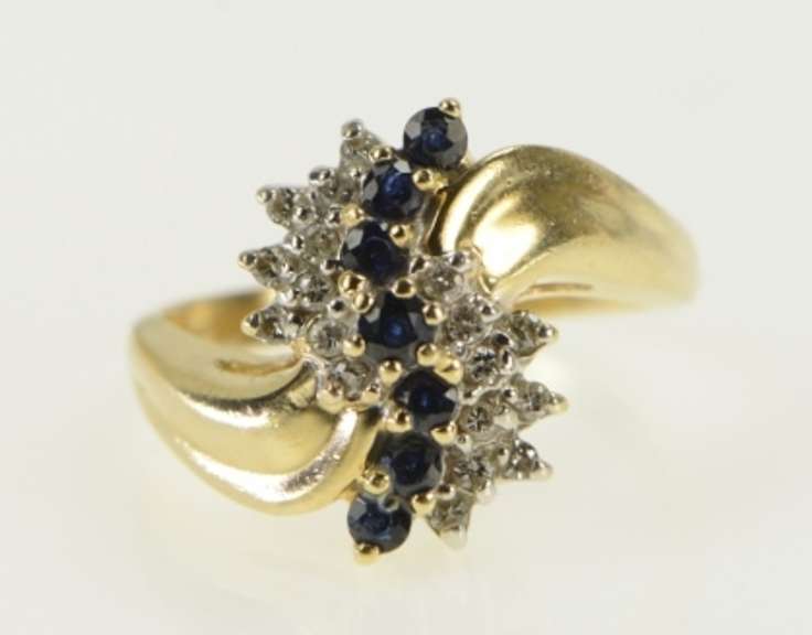14K Yellow Gold Sapphire Wave Diamond Cluster Vintage Bypass Ring