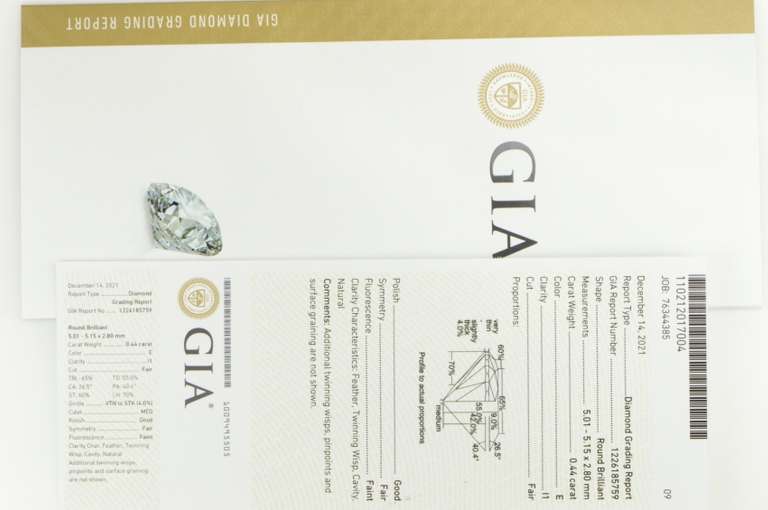 GIA 0.44 Ct Round Brilliant Cut E Color I1 Clarity Diamond