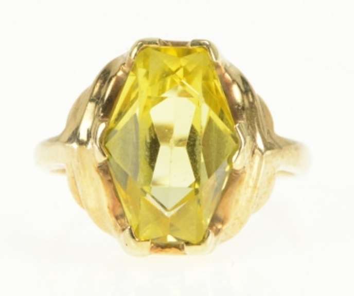 10K Yellow Gold 1940's Handmade Quartz Ornate Statement Ring