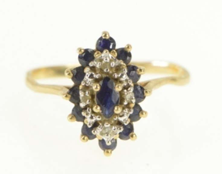10K Yellow Gold Sapphire Diamond Halo Classic Statement Ring