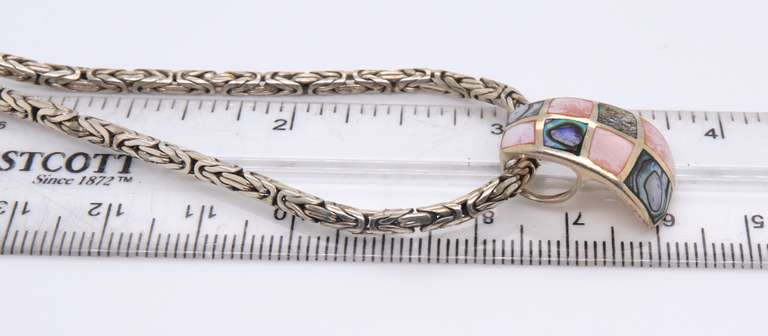 Vintage 925 Sterling Silver Gemstone Pendant on Byzantine Chain Necklace