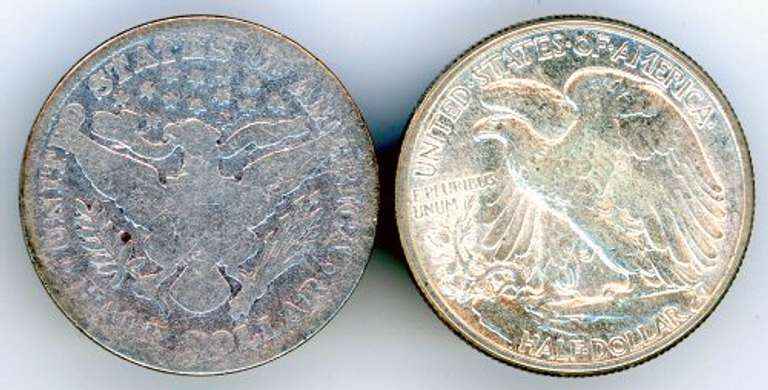 2 Different Silver Half Dolars: 1894 Barber and 1944 Walking Liberty