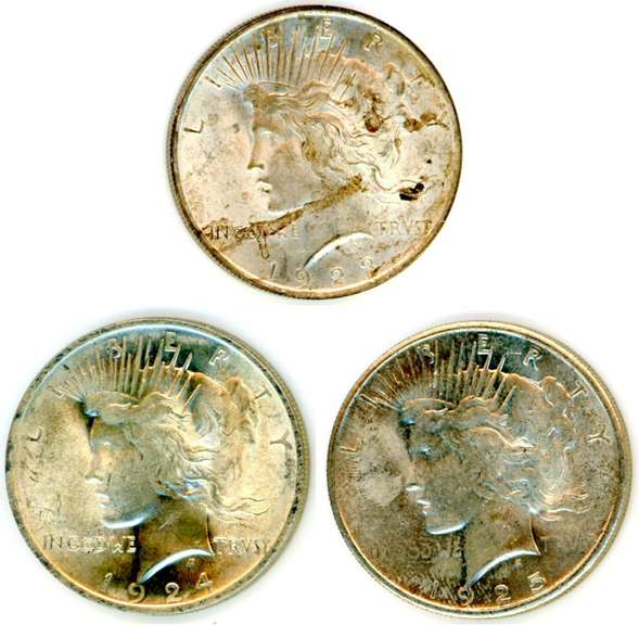 3 Different Peace Silver Dollars: 1923, 1924, & 1925