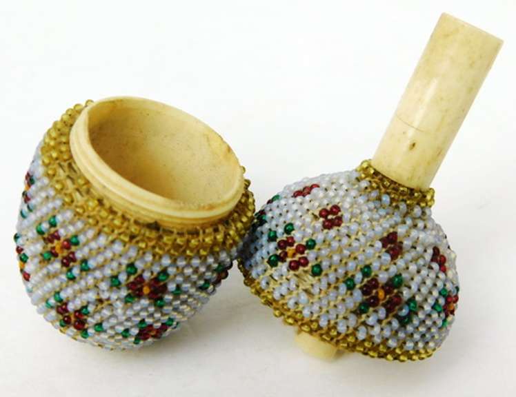 Rare Antique French Bone & Glass Beads Bobbin Holder