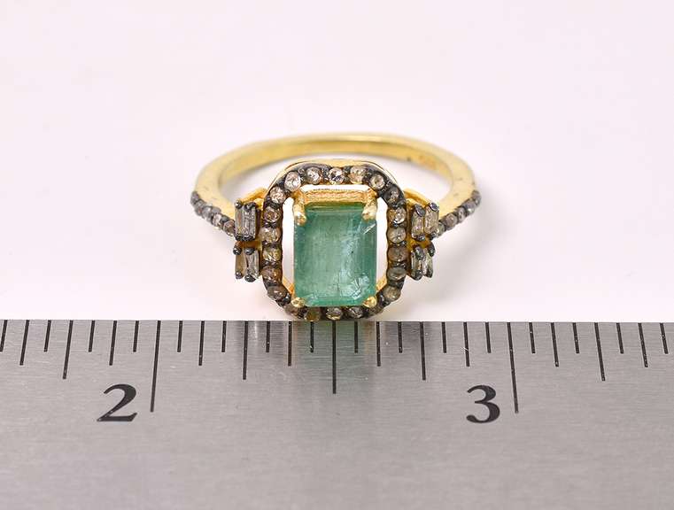 Elegant 1.50CTS Natural Genuine Emerald & 0.45CTW Diamond Ring in Gold Plated Sterling Silver