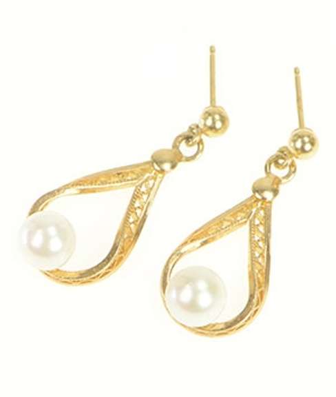 14K Yellow Gold Pearl Vintage Filigree Dangle Tear Drop Earrings