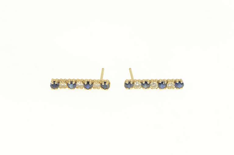 14K Yellow Gold Sapphire Diamond Square Bar Drop Earrings