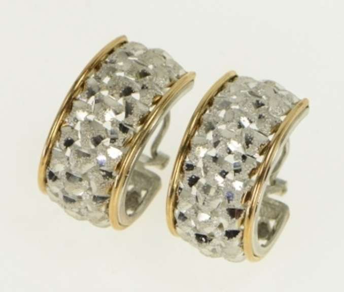 Sterling Silver Two Tone 14K Gold Textured Lattice Hoop Earrings