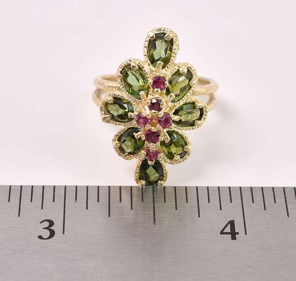Fascinating Ruby And Green Tourmaline Ring In 14K Yellow Gold
