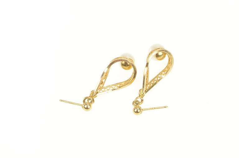 14K Yellow Gold Pearl Vintage Filigree Dangle Tear Drop Earrings
