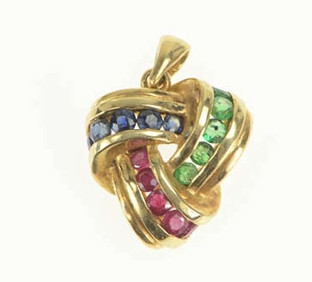 14K Yellow Gold Emerald Ruby Sapphire Triangle Knot Twist Pendant