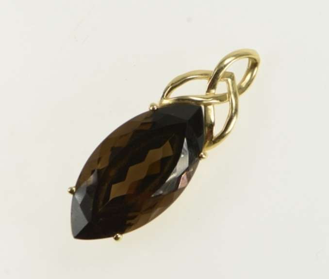 14K Yellow Gold Marquise Smoky Quartz Solitaire Elaborate Pendant