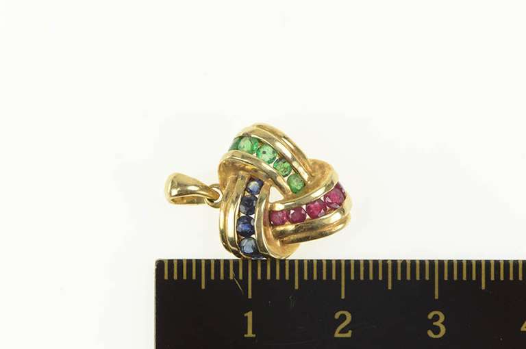 14K Yellow Gold Emerald Ruby Sapphire Triangle Knot Twist Pendant