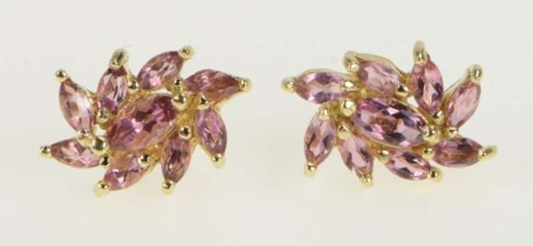 14K Yellow Gold Pink Topaz Swirl Halo Vintage Statement Stud Earrings