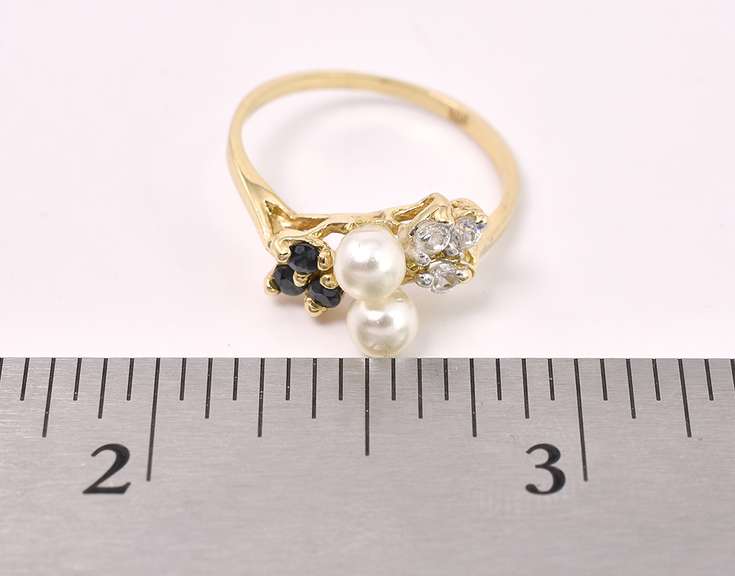 Graceful Pearl Ring With Blue Sapphire and Diamonds In 14K Yellow Gold