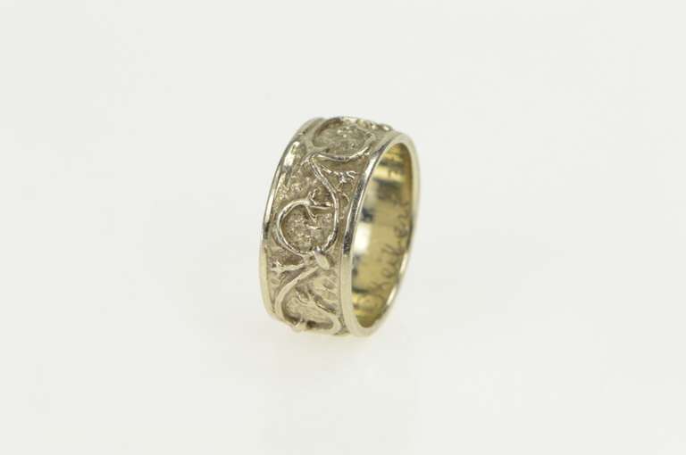 14K White Gold 8.3mm Handmade Ornate Scrollwork Pattern Band Ring