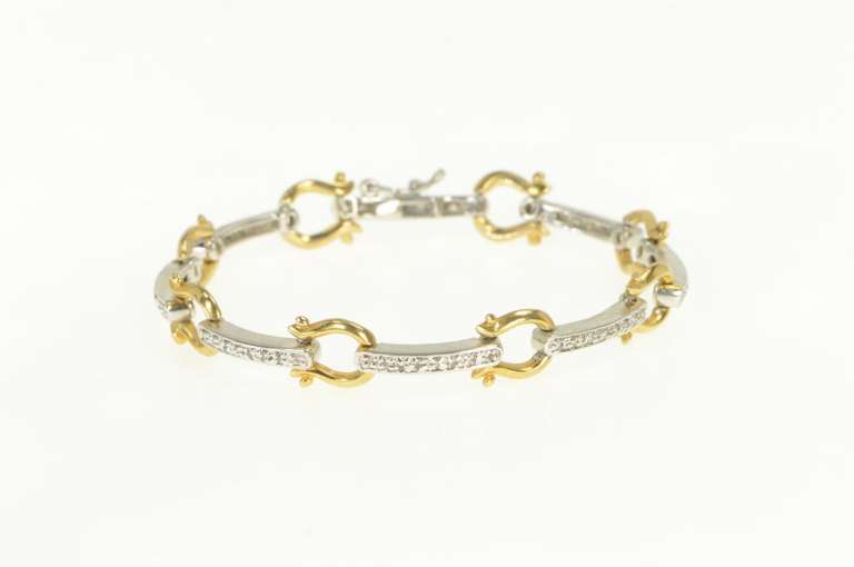 14K Yellow Gold Two Tone Bar Greek Omega Link CZ Tennis Bracelet