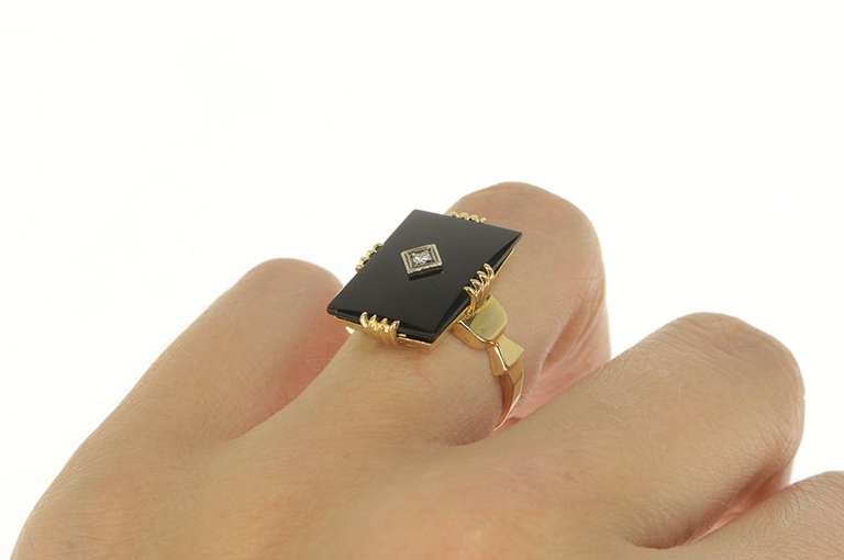14K Yellow Gold Retro Squared Black Onyx Diamond Accent Ring