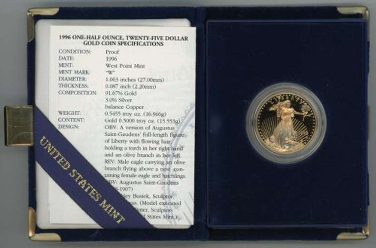 Much better date 1996-W Gem PROOF $25 Gold Eagle. Velvet box/COA
