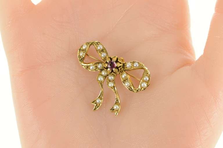 14K Yellow Gold Victorian Ruby Pearl Bow Ribbon Vintage Pin/Brooch