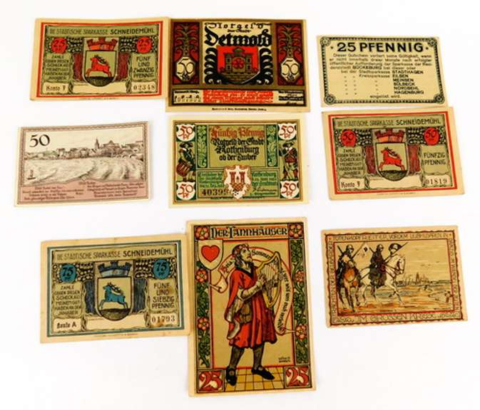 9 Foreign Paper Bills, All 1920's