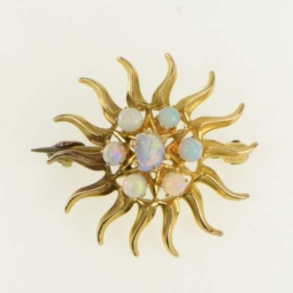 14K Yellow Gold Victorian Opal Ornate Sun Flower Vintage Pin/Brooch