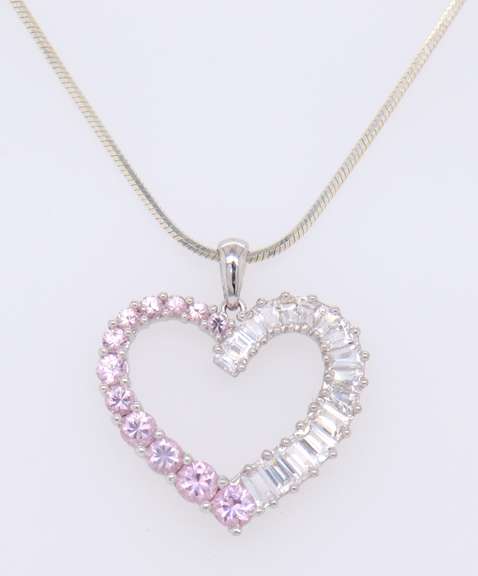 Vintage 925 Sterling Silver Cubic Zirconia Heart Shaped Pendant on Chain