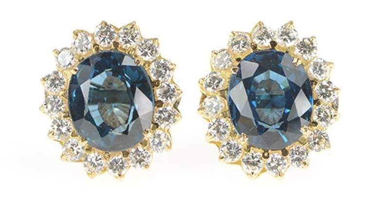 14K Yellow Gold Oval London Blue Topaz Halo Statement Stud Earrings