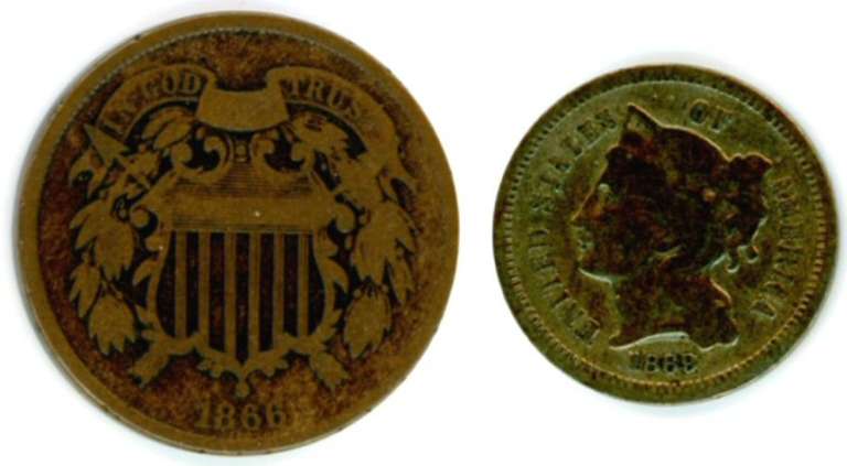 1866 Two Cent Piece and 1869 Three Cent Nickel
