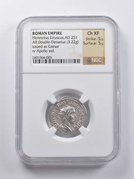 CH XF AD 251 Roman Empire AR DBL Denarius Herennius 3.22g NGC Ancients