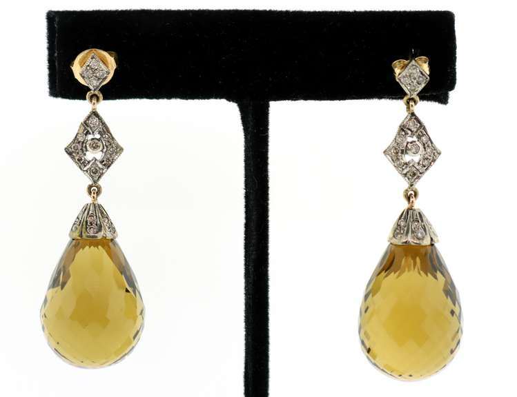 18KT SOLID YELLOW GOLD, DIAMOND, & QUARTZ TEAR DROP EARRINGS