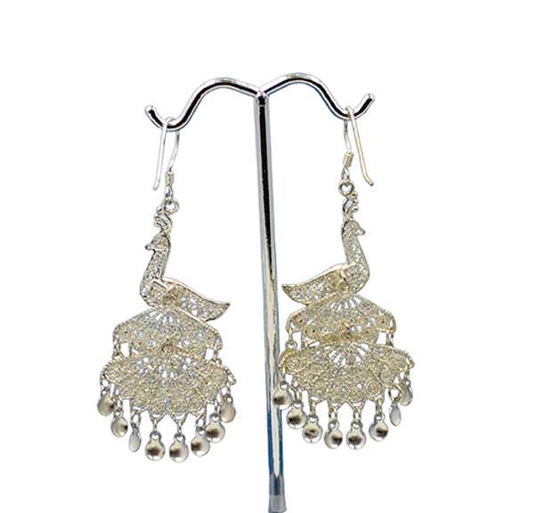 Vintage Articulated 925 Sterling Silver Filigree Peacock Movable Dangle Drop Earrings