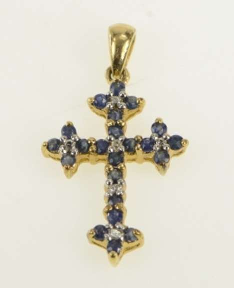 10K Yellow Gold Sapphire Diamond Classic Vintage Cross Pendant