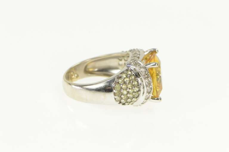 14K White Gold 4.30 Ctw Cushion Citrine Diamond Statement Ring
