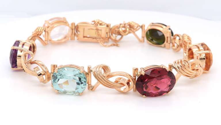 Stunning Yellow Gold Wire Swirl Link Multi Gemstone Station Bracelet
