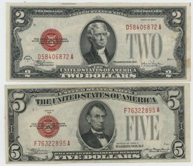 Very nice 1928 $2 Red Seal and 1928 $5 Red Seal Notes