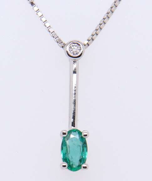 Gorgeous White Gold oval Emerald and Diamond Bar Pendant on Chain